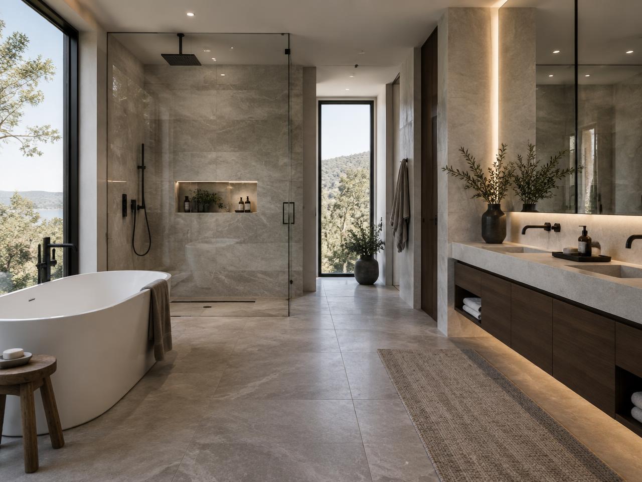 Modern bathroom with stone tile and a floating vanity
